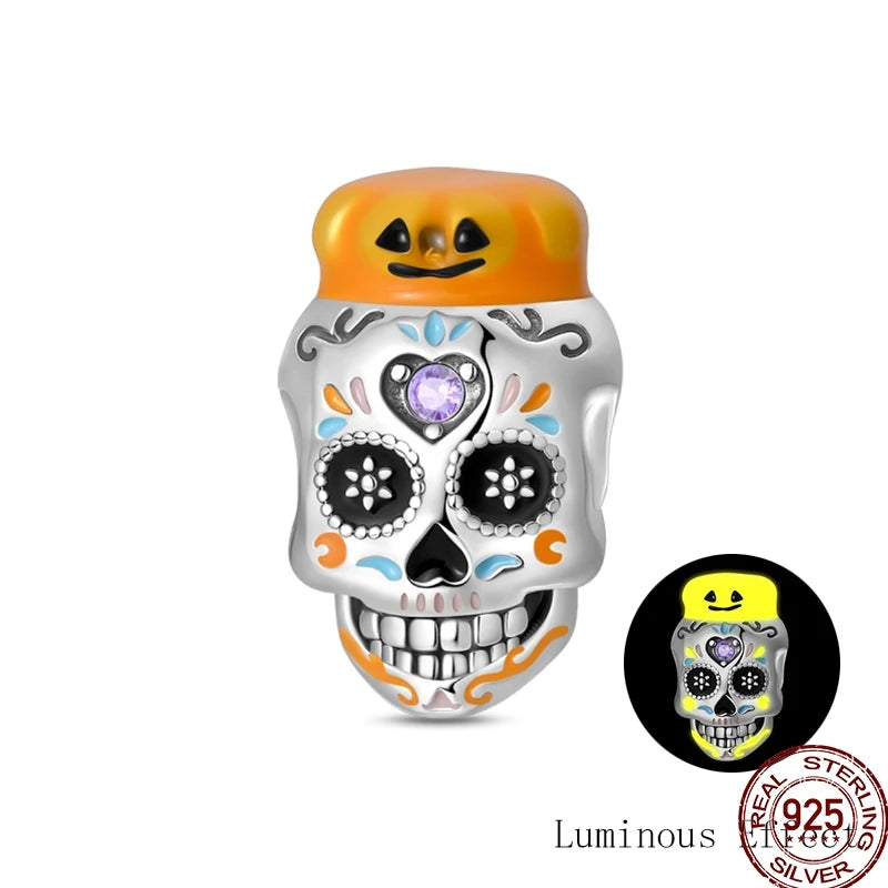 New Halloween Charms Beads 925 Sterling Silver Jack-o'-lantern Skull Bat Witch Hat Candy Luminous Charm Fit Bracelet DIY Jewelry