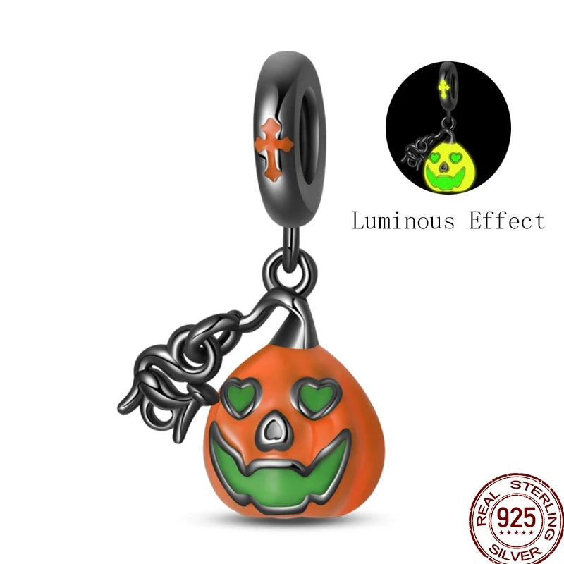 New Halloween Charms Beads 925 Sterling Silver Jack-o'-lantern Skull Bat Witch Hat Candy Luminous Charm Fit Bracelet DIY Jewelry