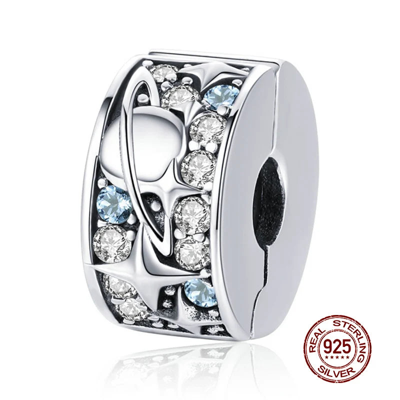WOSTU 925 Sterling Silver Heart Clip Charm Pendant With Clear CZ Stopper Beads Fit Original Bracelet Necklace DIY Jewelry Gift