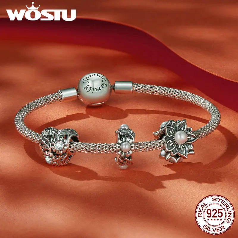 WOSTU 925 Sterling Silver Natural Pearl Flower Charms Star Moon Pendant Retro Heart Beads Safty Chain Fit DIY Bracelet Necklace
