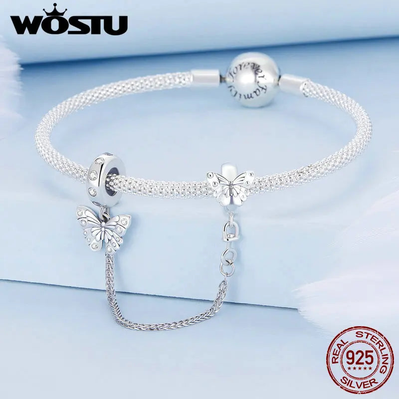 WOSTUS 925 Sterling Silver Honey Bee Safety Chain Star Moon Beads Heart Charm Fit Original Bracelet Bangle DIY Jewelry Making
