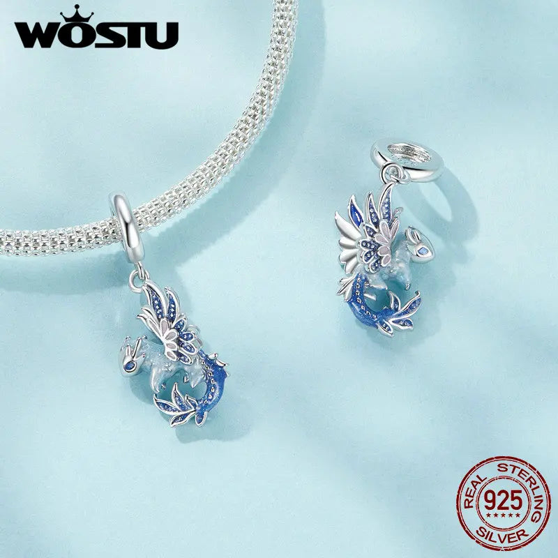 WOSTU 925 Sterling Silver Colorful Enamel Flying Dragon Charms Pendant Fit Original Bracelet Necklace Special Birthday DIY Gift