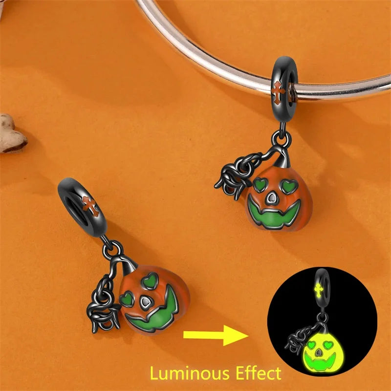 New Halloween Charms Beads 925 Sterling Silver Jack-o'-lantern Skull Bat Witch Hat Candy Luminous Charm Fit Bracelet DIY Jewelry