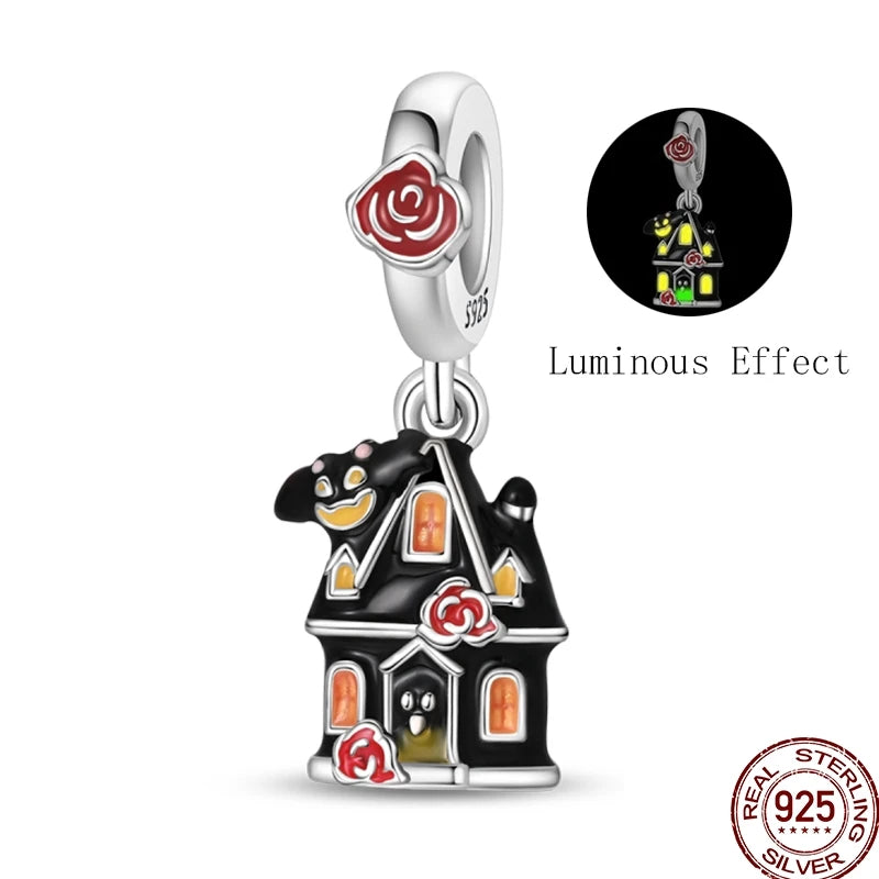 New Halloween Charms Beads 925 Sterling Silver Jack-o'-lantern Skull Bat Witch Hat Candy Luminous Charm Fit Bracelet DIY Jewelry