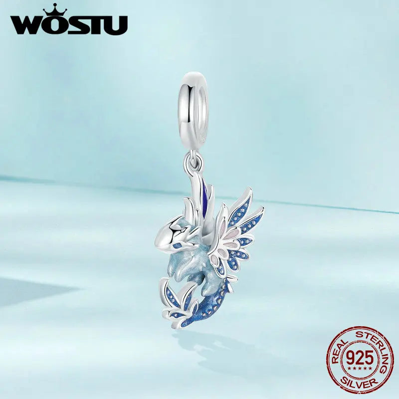 WOSTU 925 Sterling Silver Colorful Enamel Flying Dragon Charms Pendant Fit Original Bracelet Necklace Special Birthday DIY Gift