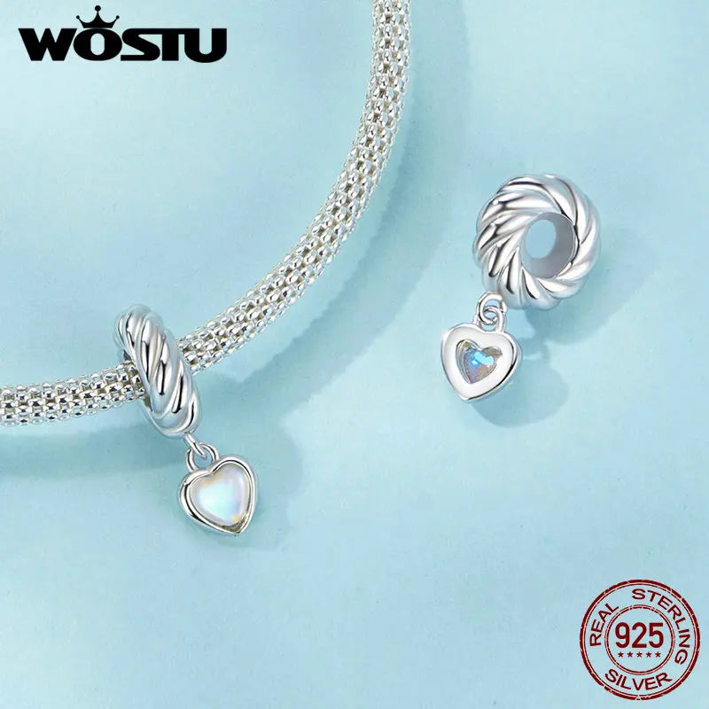 WOSTU 925 Sterling Silver Heart Clip Charm Pendant With Clear CZ Stopper Beads Fit Original Bracelet Necklace DIY Jewelry Gift