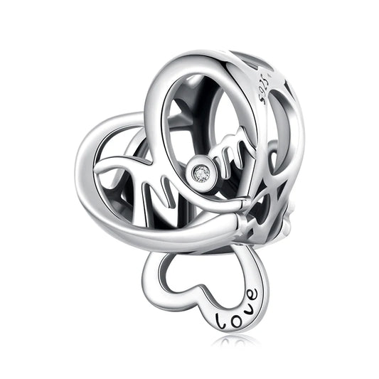 WOSTU Mother Day Gift 925 Sterling Silver Baby Foot Charm Letter Mom Love Beads Red Heart Pendant Fit DIY Bracelet Necklace