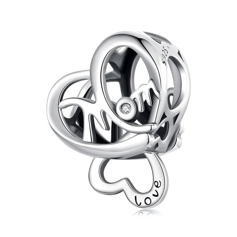 WOSTU Mother Day Gift 925 Sterling Silver Baby Foot Charm Letter Mom Love Beads Red Heart Pendant Fit DIY Bracelet Necklace