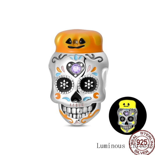 New Halloween Charms Beads 925 Sterling Silver Jack-o'-lantern Skull Bat Witch Hat Candy Luminous Charm Fit Bracelet DIY Jewelry