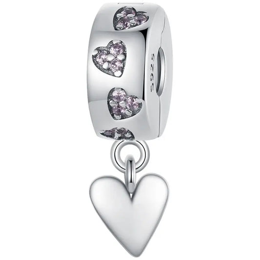 WOSTU 925 Sterling Silver Heart Clip Charm Pendant With Clear CZ Stopper Beads Fit Original Bracelet Necklace DIY Jewelry Gift
