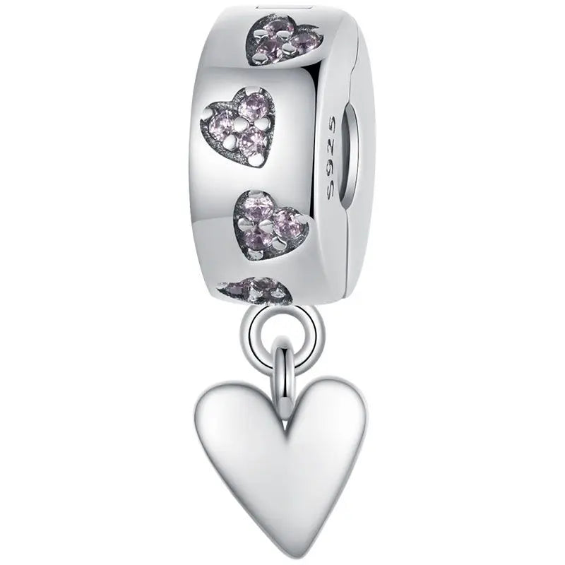 WOSTU 925 Sterling Silver Heart Clip Charm Pendant With Clear CZ Stopper Beads Fit Original Bracelet Necklace DIY Jewelry Gift
