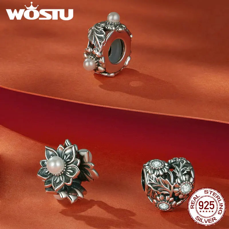WOSTU 925 Sterling Silver Natural Pearl Flower Charms Star Moon Pendant Retro Heart Beads Safty Chain Fit DIY Bracelet Necklace