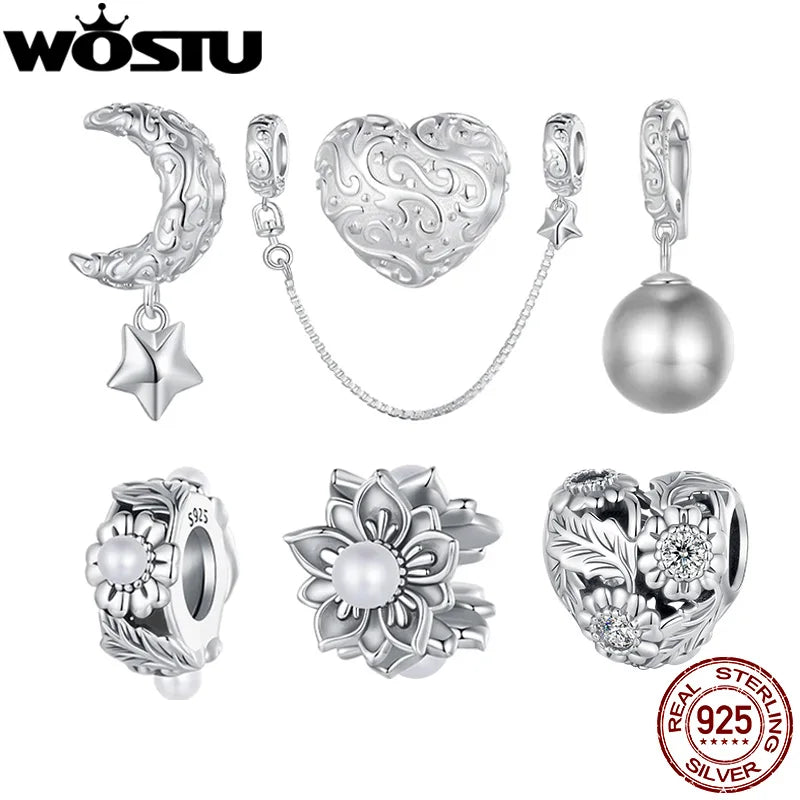 WOSTU 925 Sterling Silver Natural Pearl Flower Charms Star Moon Pendant Retro Heart Beads Safty Chain Fit DIY Bracelet Necklace