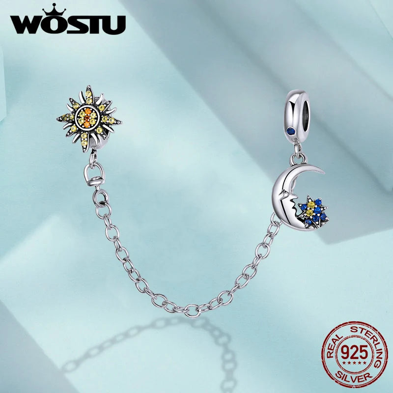 WOSTUS 925 Sterling Silver Honey Bee Safety Chain Star Moon Beads Heart Charm Fit Original Bracelet Bangle DIY Jewelry Making