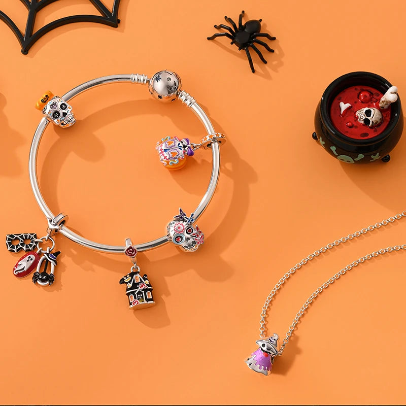 New Halloween Charms Beads 925 Sterling Silver Jack-o'-lantern Skull Bat Witch Hat Candy Luminous Charm Fit Bracelet DIY Jewelry