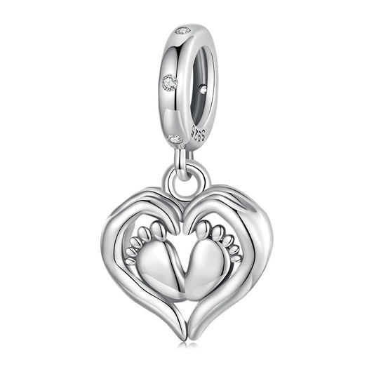 WOSTU Mother Day Gift 925 Sterling Silver Baby Foot Charm Letter Mom Love Beads Red Heart Pendant Fit DIY Bracelet Necklace