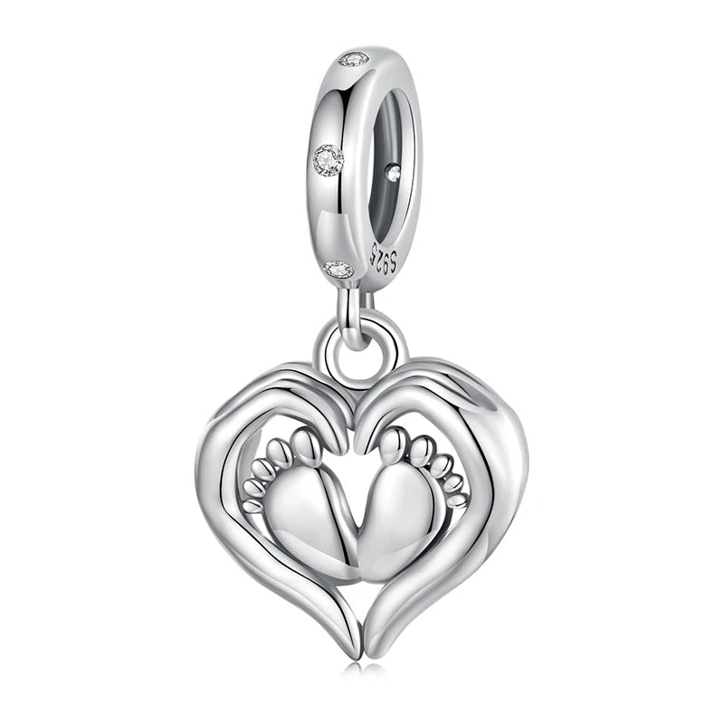 WOSTU Mother Day Gift 925 Sterling Silver Baby Foot Charm Letter Mom Love Beads Red Heart Pendant Fit DIY Bracelet Necklace