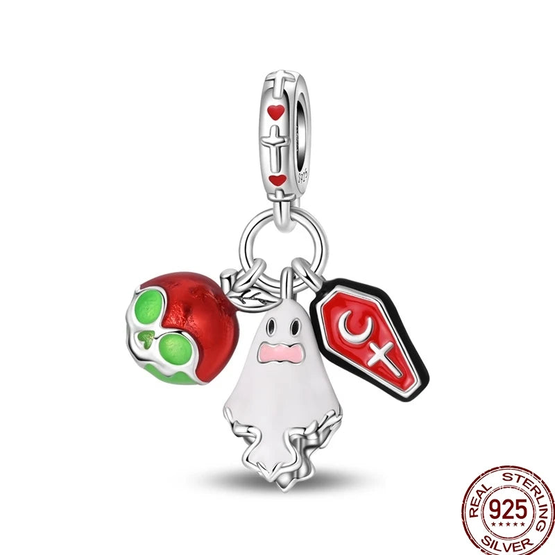 New Halloween Charms Beads 925 Sterling Silver Jack-o'-lantern Skull Bat Witch Hat Candy Luminous Charm Fit Bracelet DIY Jewelry