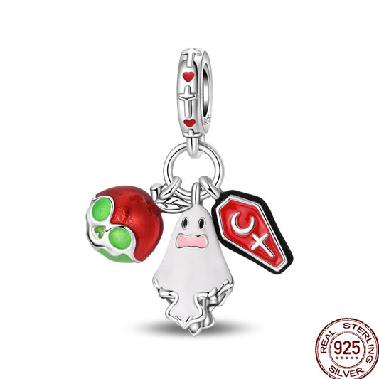 New Halloween Charms Beads 925 Sterling Silver Jack-o'-lantern Skull Bat Witch Hat Candy Luminous Charm Fit Bracelet DIY Jewelry