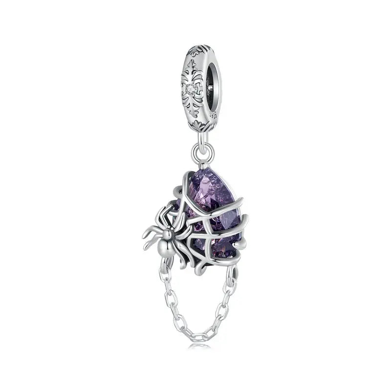 WOSTU 925 Sterling Silver Halloween Gift Purple Pendant Punk Skeleton Hand Bead Skull Butterfly Charm Fit DIY  Bracelet Necklace