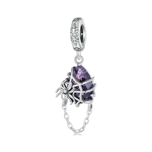 WOSTU 925 Sterling Silver Halloween Gift Purple Pendant Punk Skeleton Hand Bead Skull Butterfly Charm Fit DIY  Bracelet Necklace