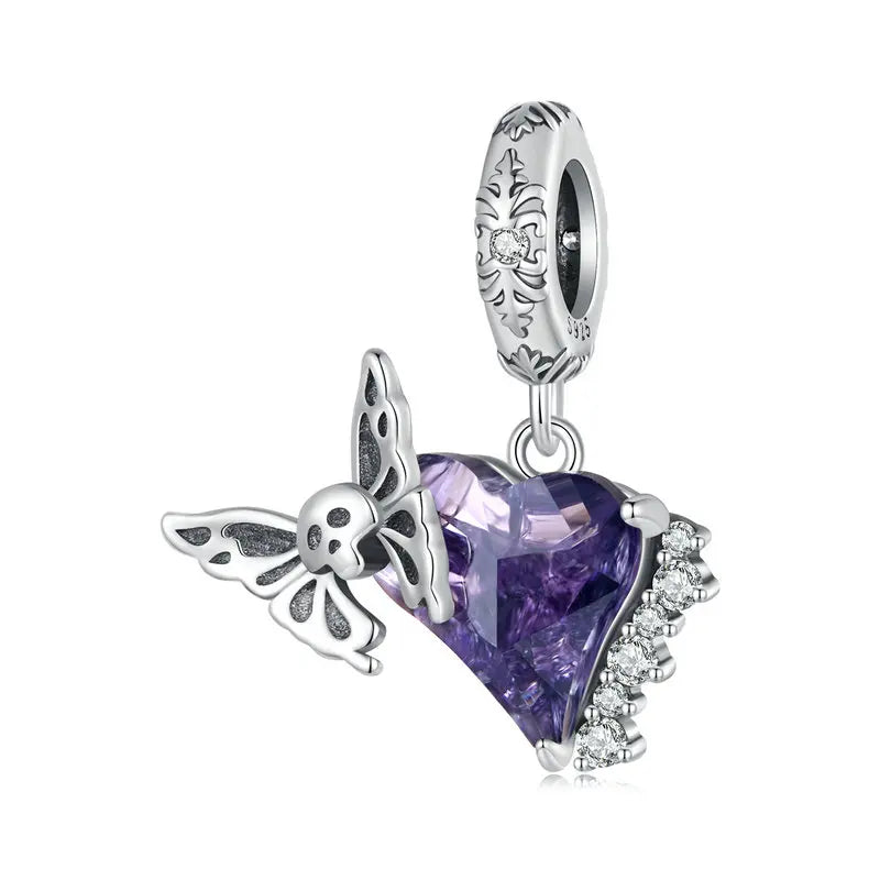 WOSTU 925 Sterling Silver Halloween Gift Purple Pendant Punk Skeleton Hand Bead Skull Butterfly Charm Fit DIY  Bracelet Necklace