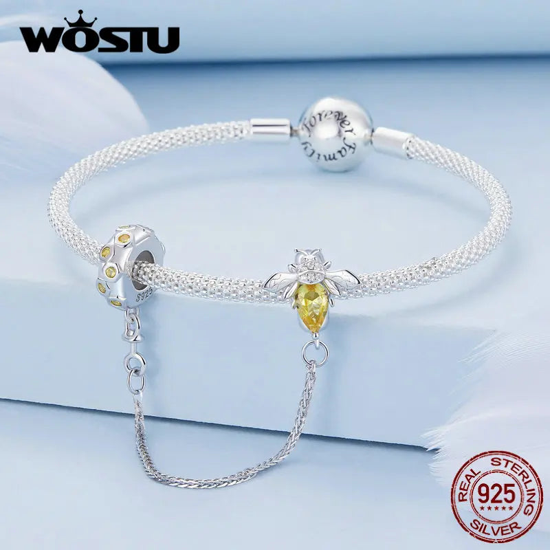 WOSTUS 925 Sterling Silver Honey Bee Safety Chain Star Moon Beads Heart Charm Fit Original Bracelet Bangle DIY Jewelry Making