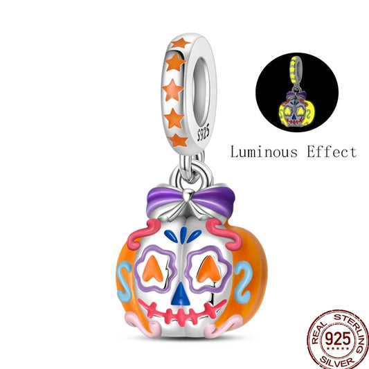 New Halloween Charms Beads 925 Sterling Silver Jack-o'-lantern Skull Bat Witch Hat Candy Luminous Charm Fit Bracelet DIY Jewelry