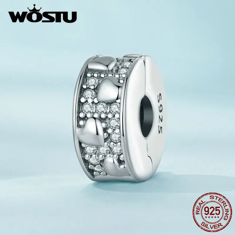 WOSTU 925 Sterling Silver Heart Clip Charm Pendant With Clear CZ Stopper Beads Fit Original Bracelet Necklace DIY Jewelry Gift