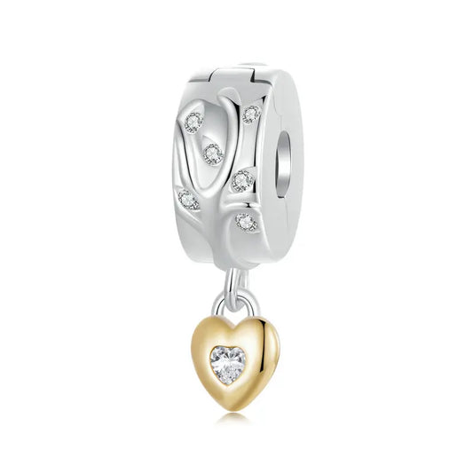 WOSTU 925 Sterling Silver Heart Clip Charm Pendant With Clear CZ Stopper Beads Fit Original Bracelet Necklace DIY Jewelry Gift