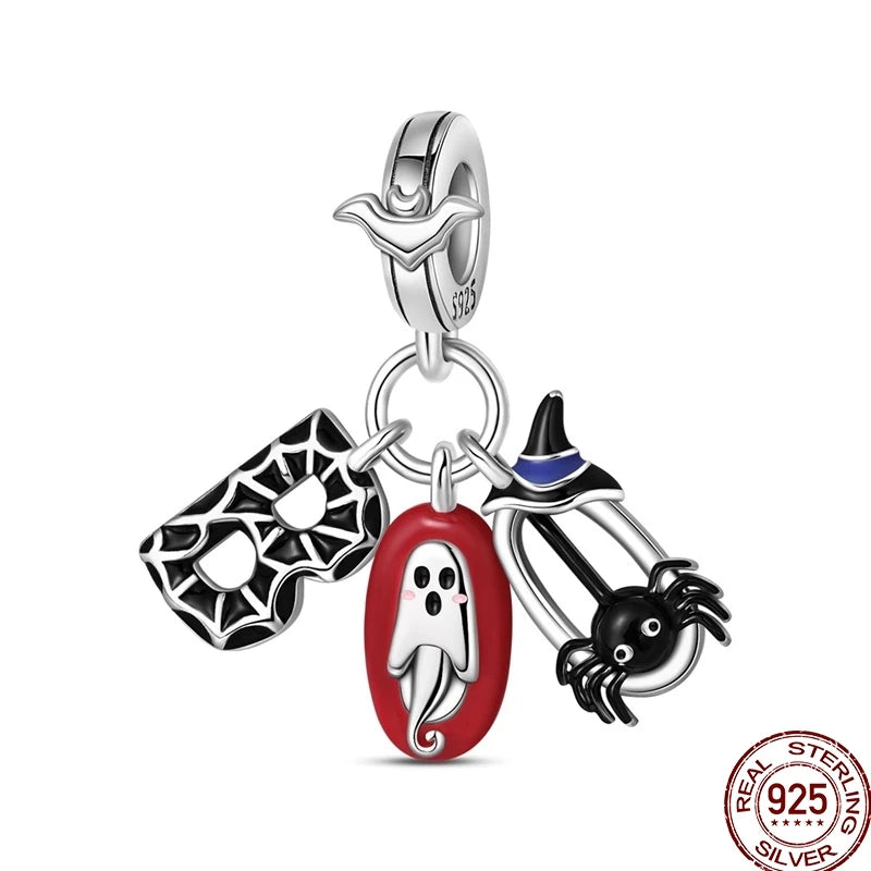 New Halloween Charms Beads 925 Sterling Silver Jack-o'-lantern Skull Bat Witch Hat Candy Luminous Charm Fit Bracelet DIY Jewelry