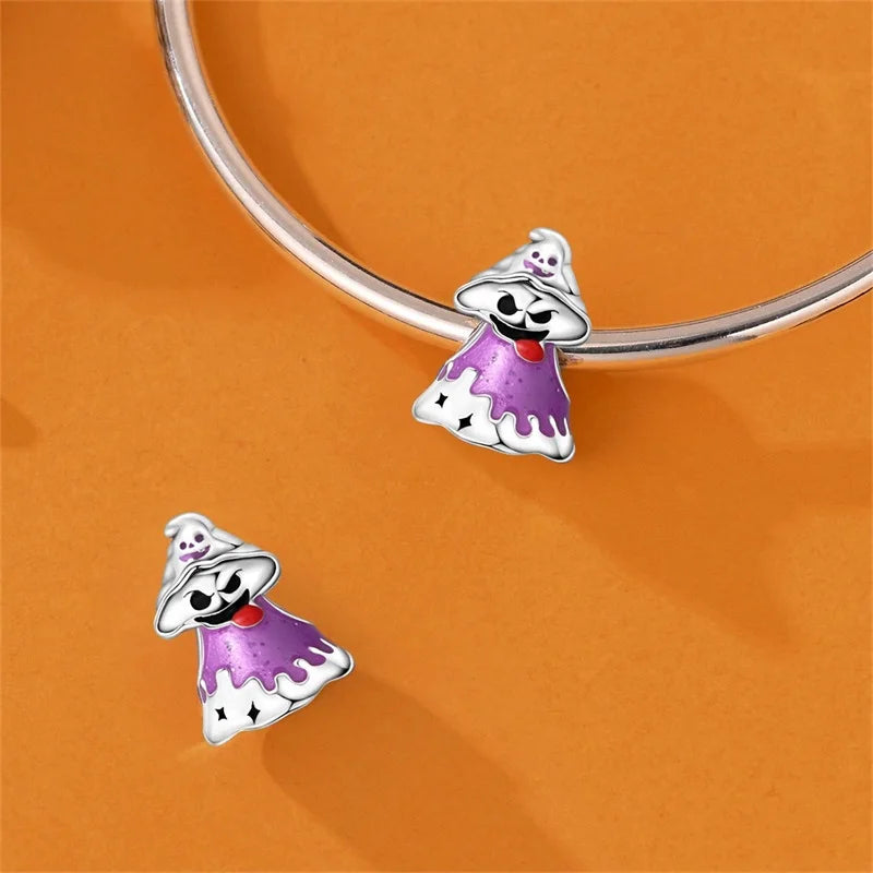 New Halloween Charms Beads 925 Sterling Silver Jack-o'-lantern Skull Bat Witch Hat Candy Luminous Charm Fit Bracelet DIY Jewelry