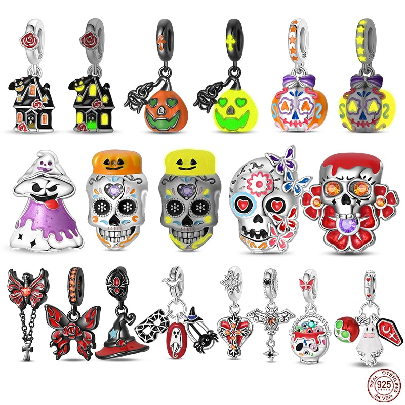 New Halloween Charms Beads 925 Sterling Silver Jack-o'-lantern Skull Bat Witch Hat Candy Luminous Charm Fit Bracelet DIY Jewelry