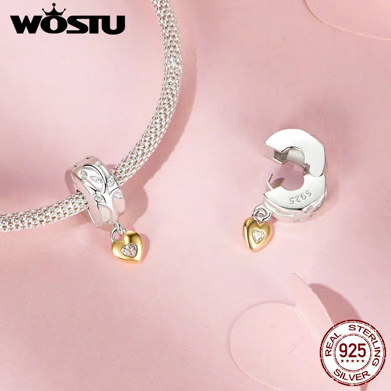 WOSTU 925 Sterling Silver Heart Clip Charm Pendant With Clear CZ Stopper Beads Fit Original Bracelet Necklace DIY Jewelry Gift