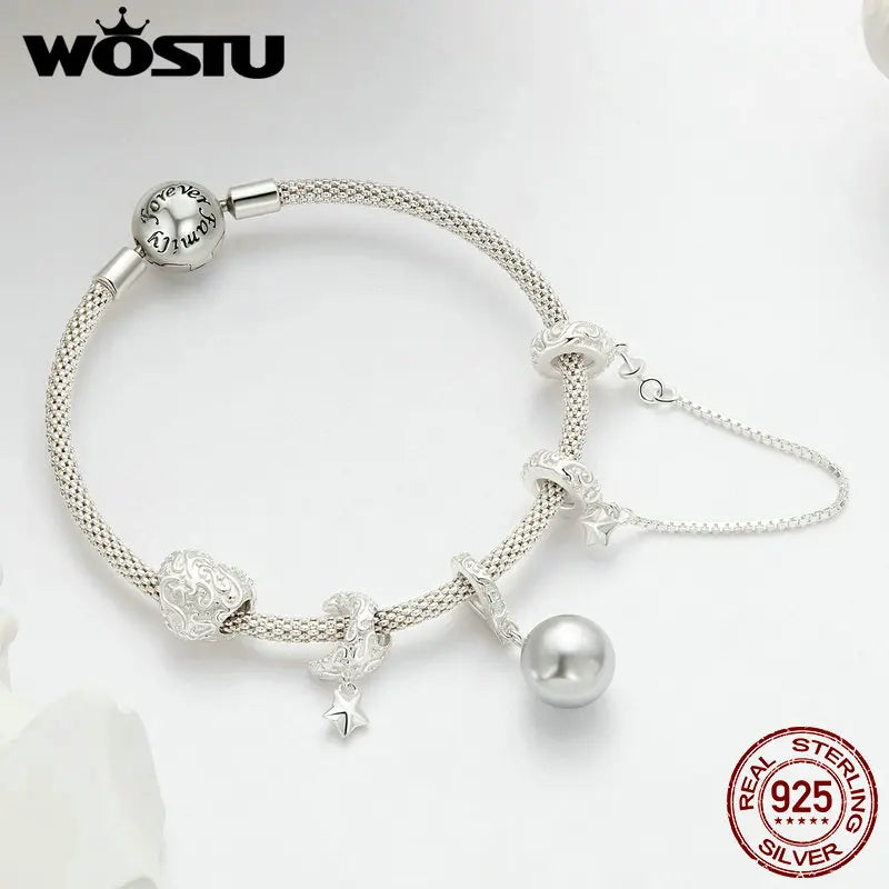 WOSTU 925 Sterling Silver Natural Pearl Flower Charms Star Moon Pendant Retro Heart Beads Safty Chain Fit DIY Bracelet Necklace