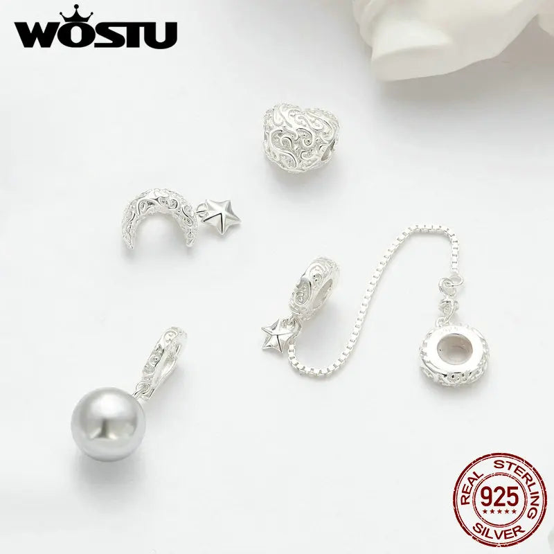 WOSTU 925 Sterling Silver Natural Pearl Flower Charms Star Moon Pendant Retro Heart Beads Safty Chain Fit DIY Bracelet Necklace